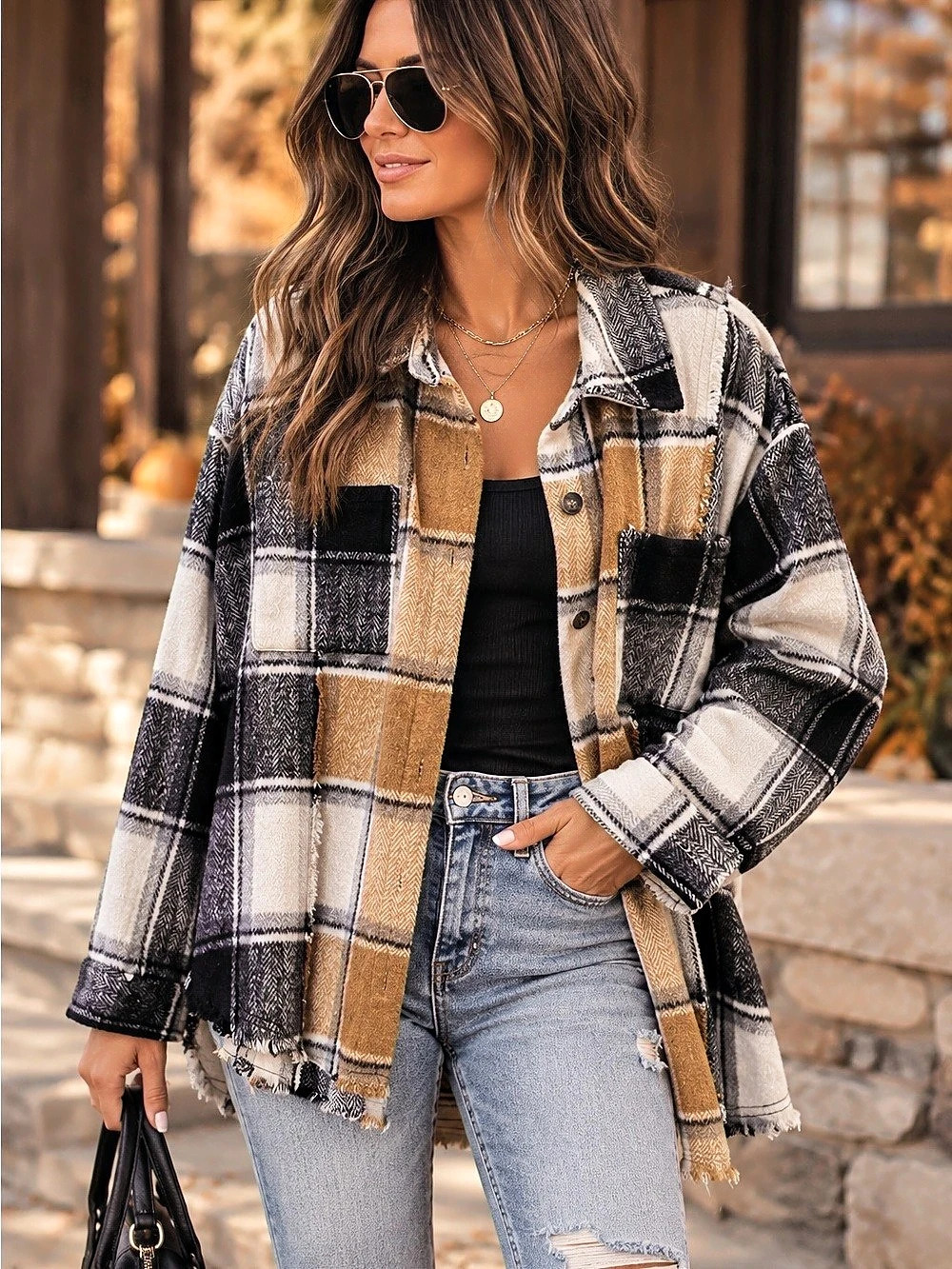 Blue B Collection Plaid Oversized Shacket Raw Edge Jacket Small